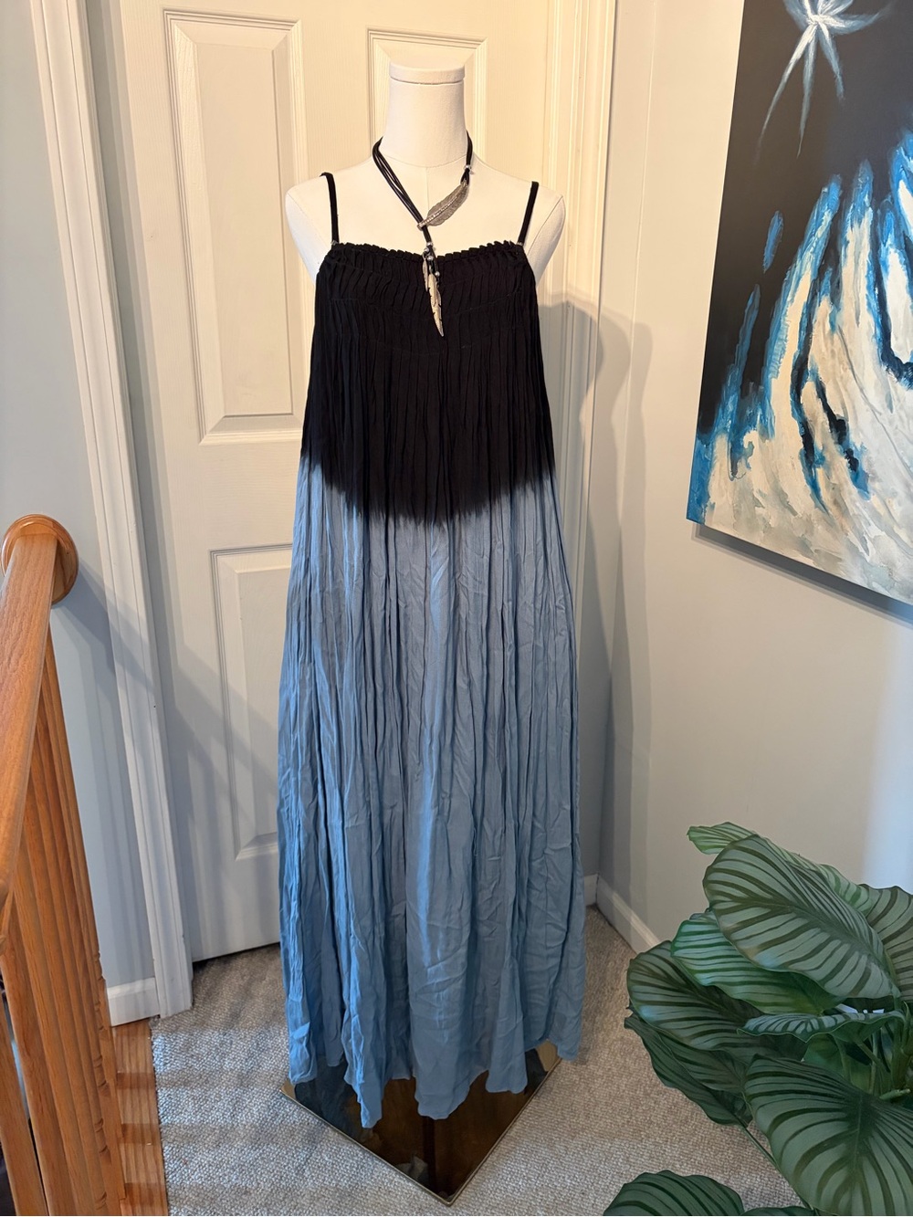 Black to Light Blue Ombre Maxi Dress with Spaghetti Straps